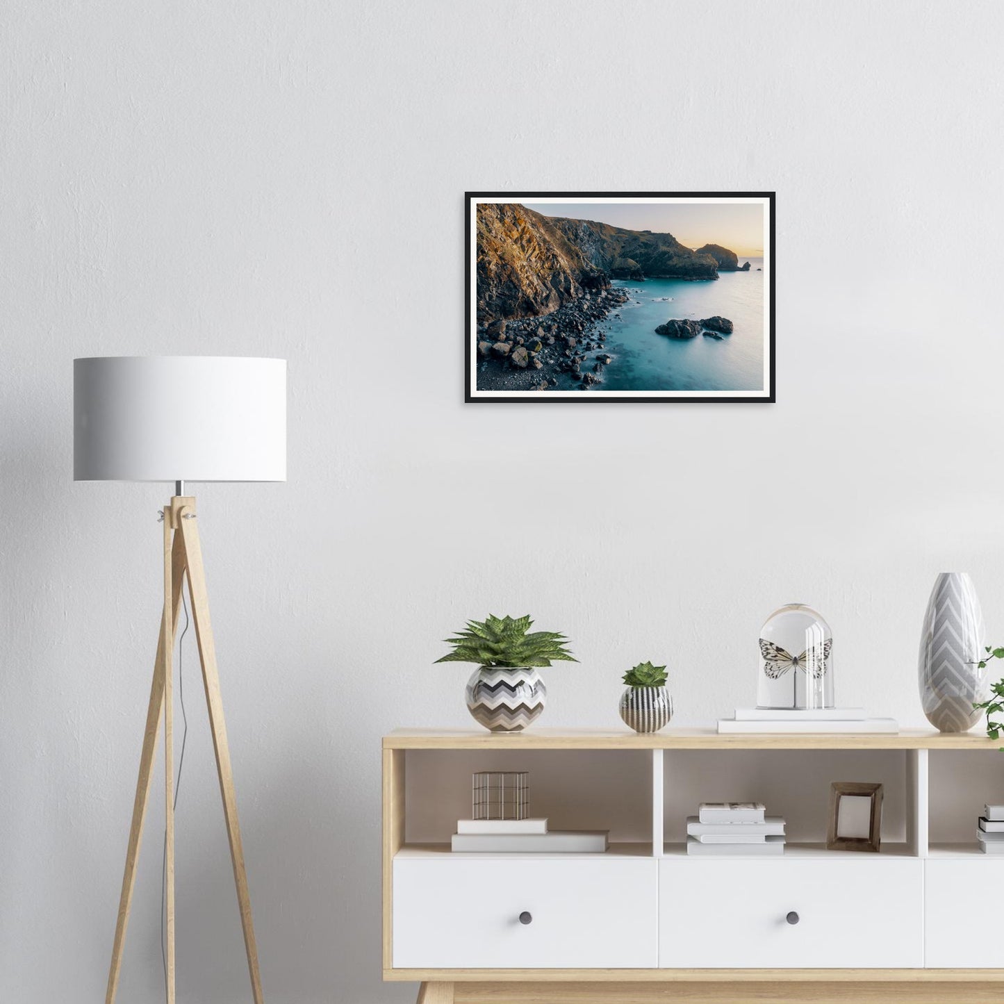 Soft golden light on Mullion Cove sea framed wall art