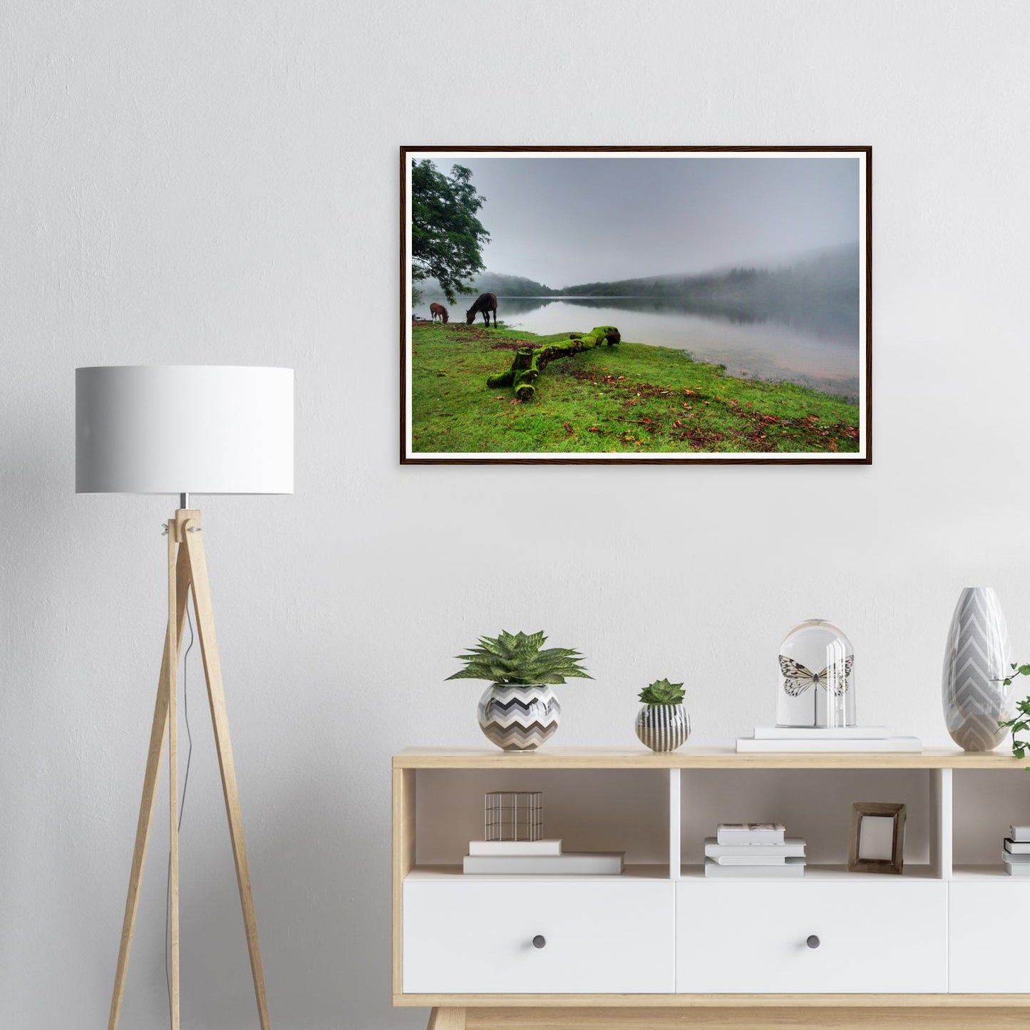 Mare and foal grazing beside misty Burrator Reservoir framed print