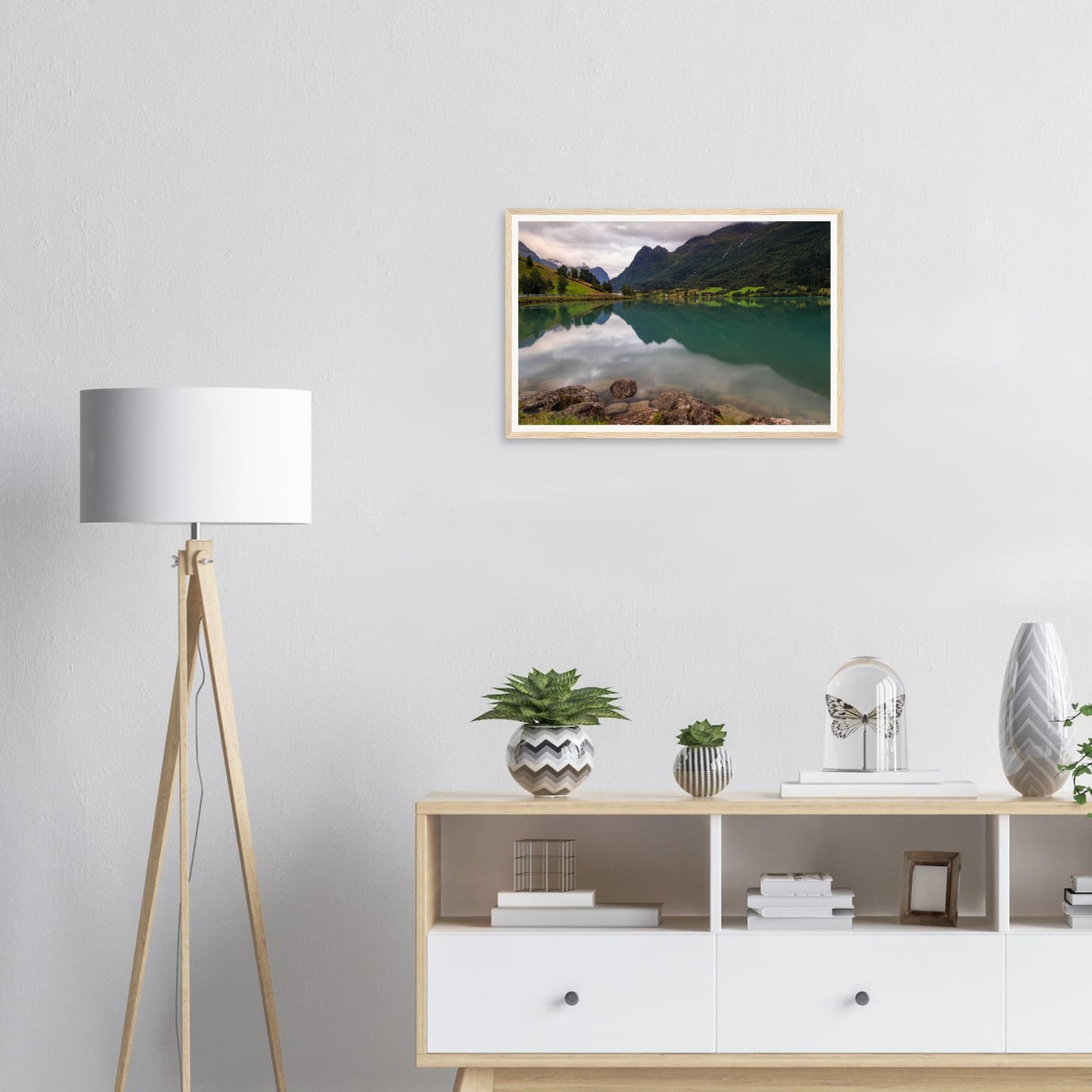 Scenic framed wall art of Lake Floen valley and mountains