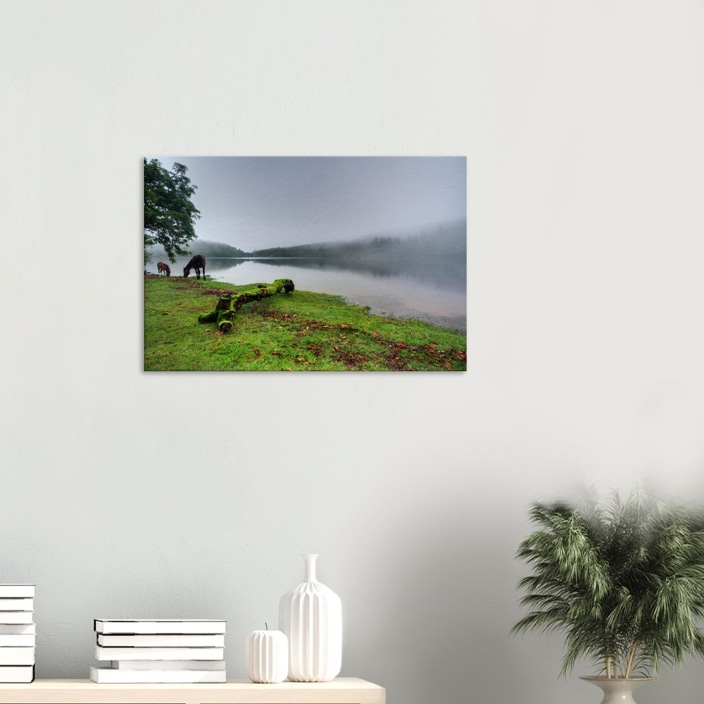 Dartmoor mare and foal beside mist-shrouded reservoir waters