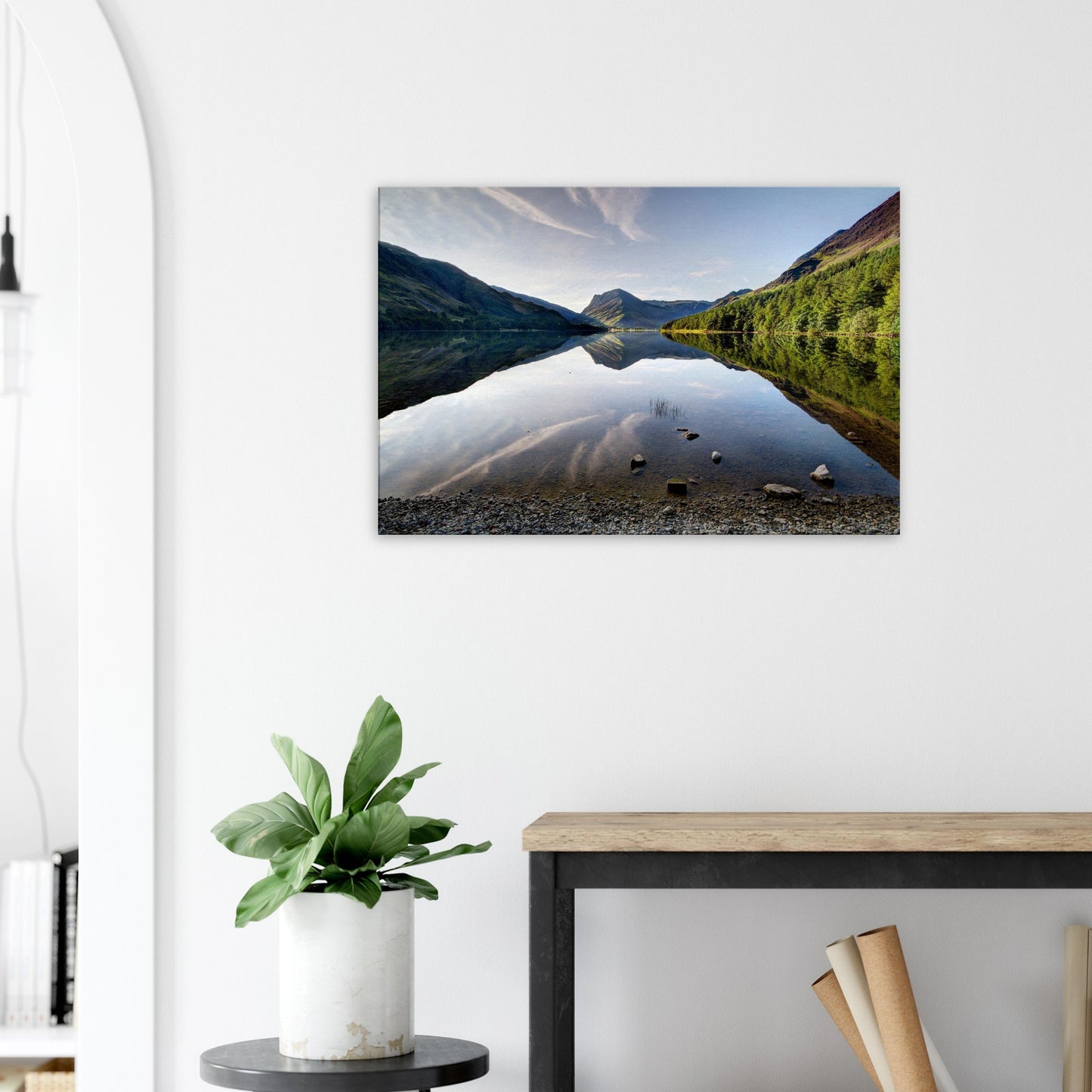 Canvas artwork of Buttermere Lake in the Lake District with flawless reflections and morning light gently highlighting the fell tops.