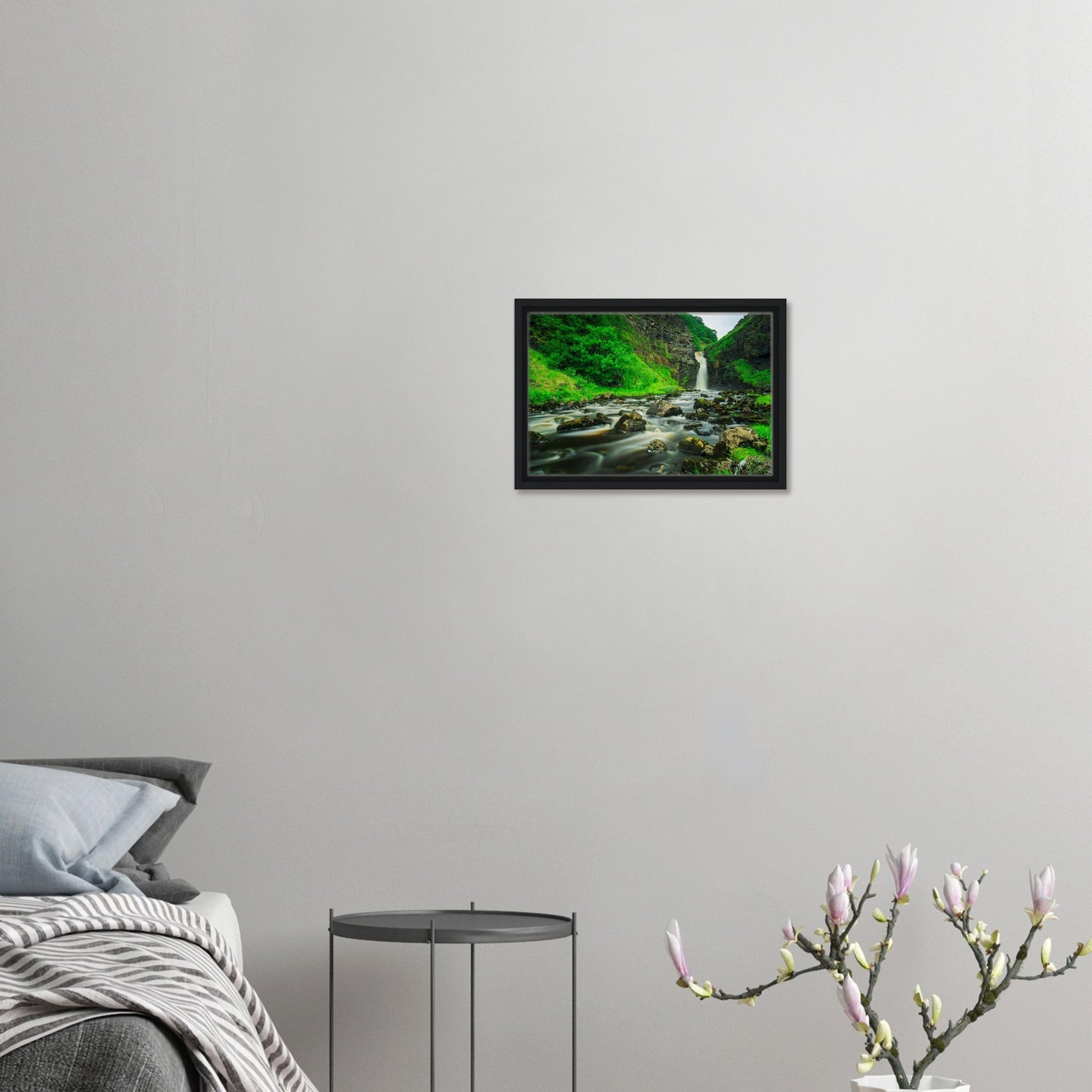 Silky river flowing through rocks at Lealt Falls in framed print