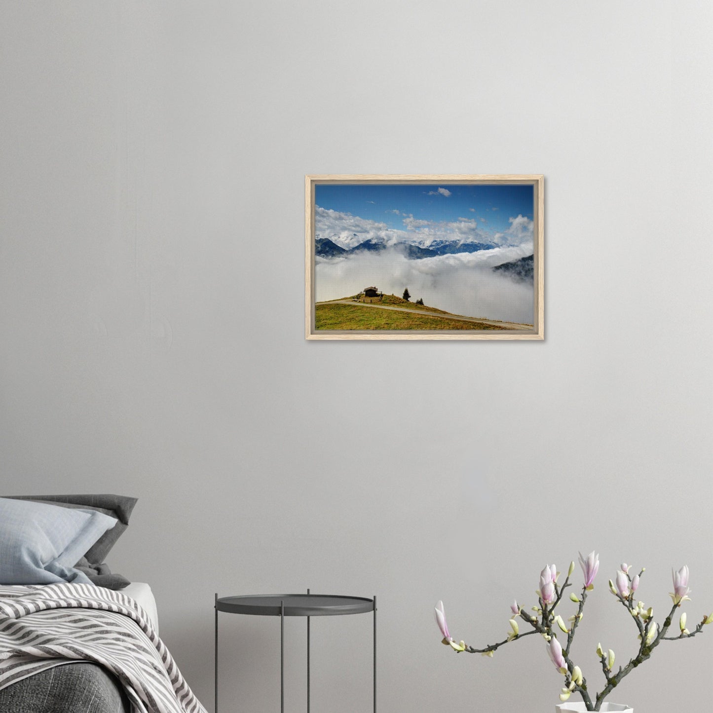 Peaceful mountain retreat above valley mist in Austrian Alps print