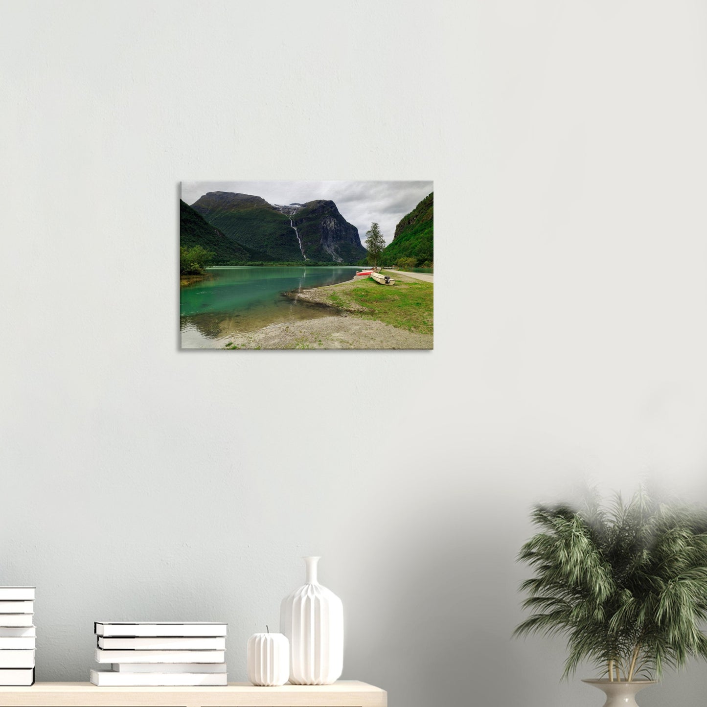 Richly coloured Norwegian wilderness with vibrant trees, reflective waters, and powerful waterfall cascade