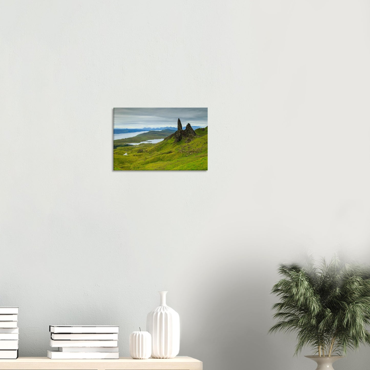 Canvas print of The Old Man of Storr on the Isle of Skye with sweeping views of the countryside and coastal horizon.