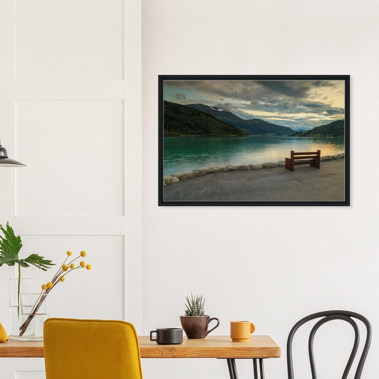 Hills and water reflections at Innvikfjorden in framed print