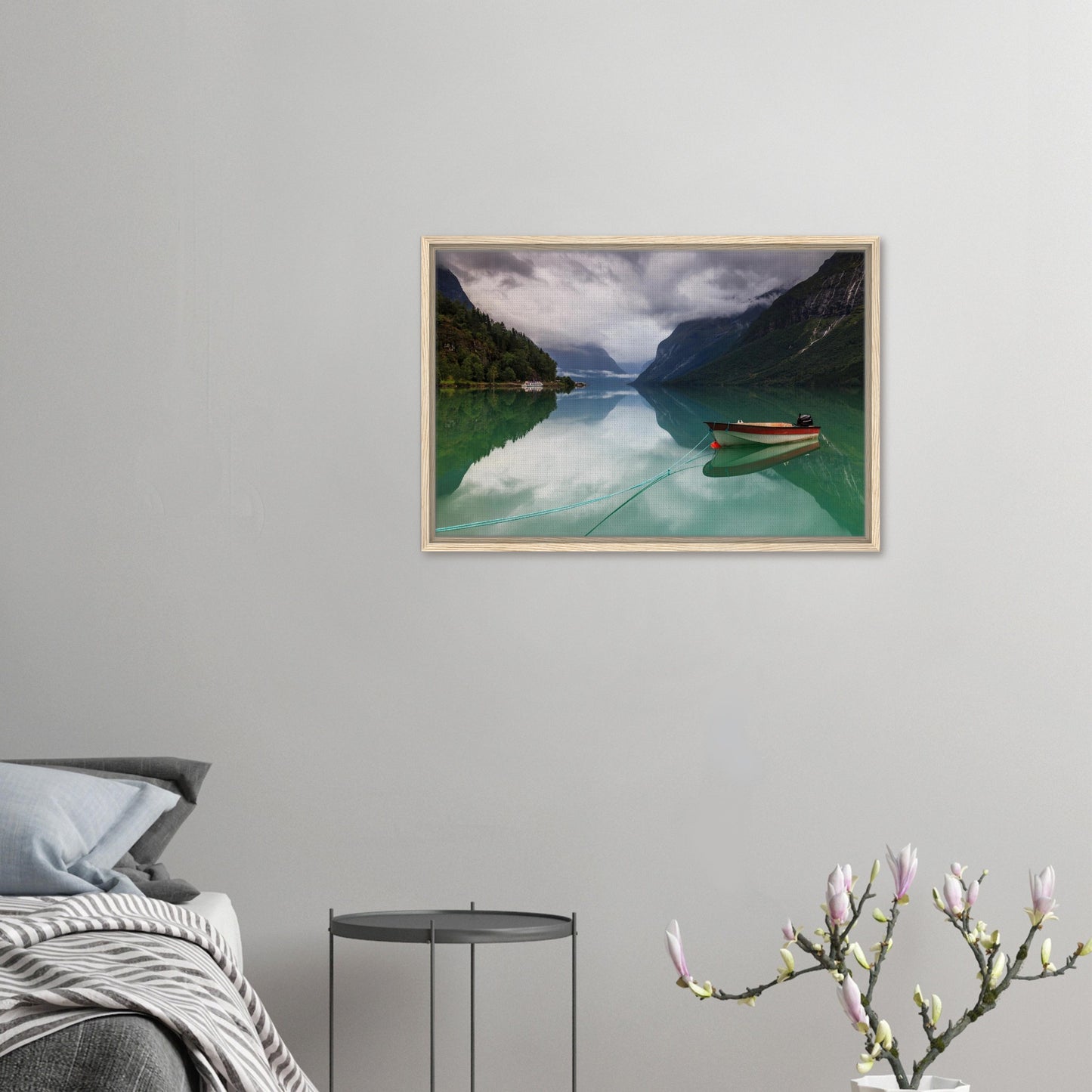 Serene Norwegian lake with moored boat in framed artwork