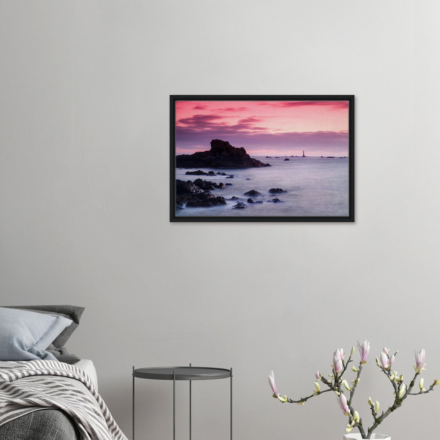 Sea and shoreline rocks at dusk near Les Hanois in canvas print