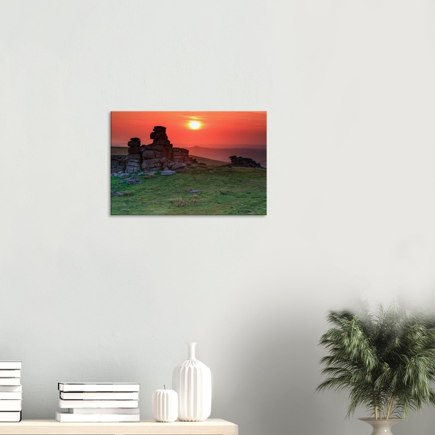 Dartmoor canvas print with warm sunset light and ancient granite stacks.