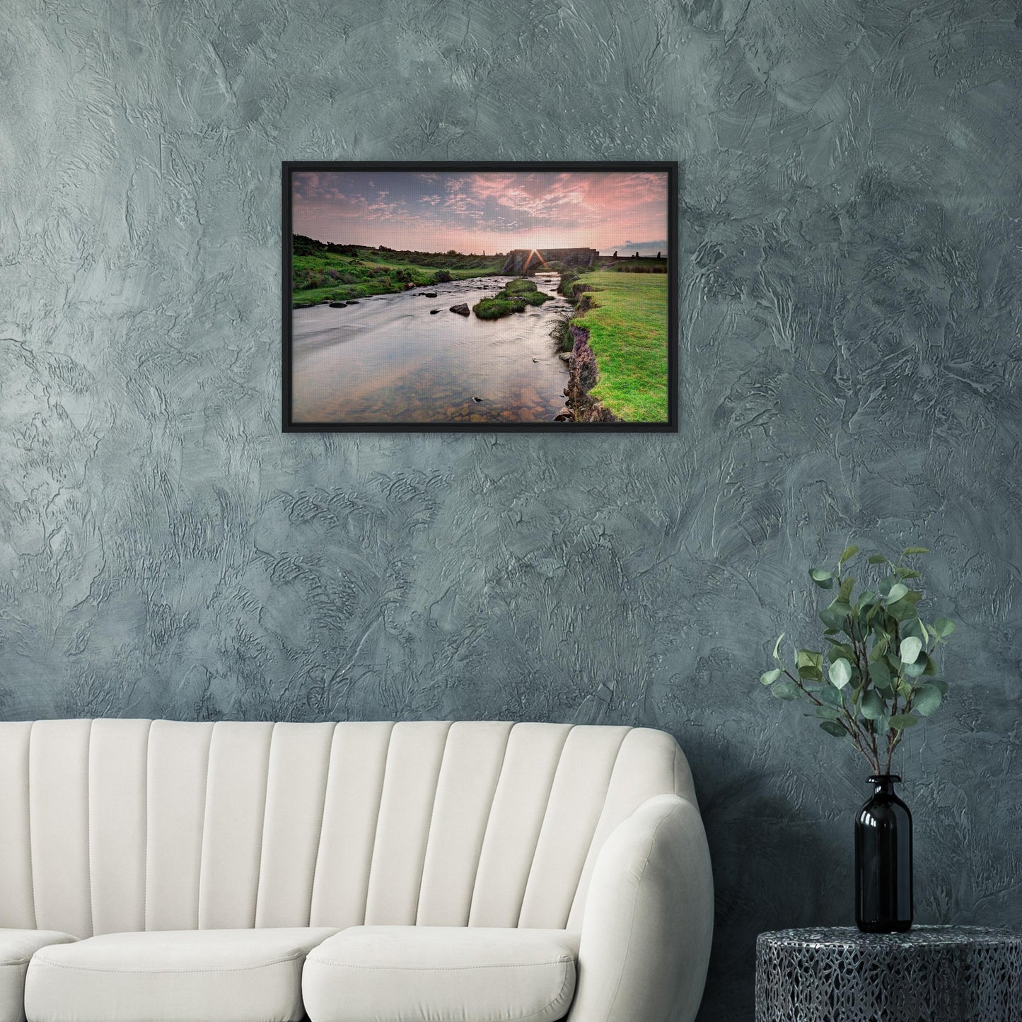 Framed artwork of golden sunrise at Cadover Bridge in Devon