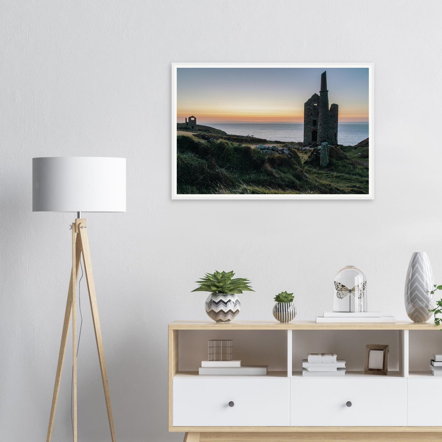 Scenic framed print of Wheal Owles at sunset in Cornwall
