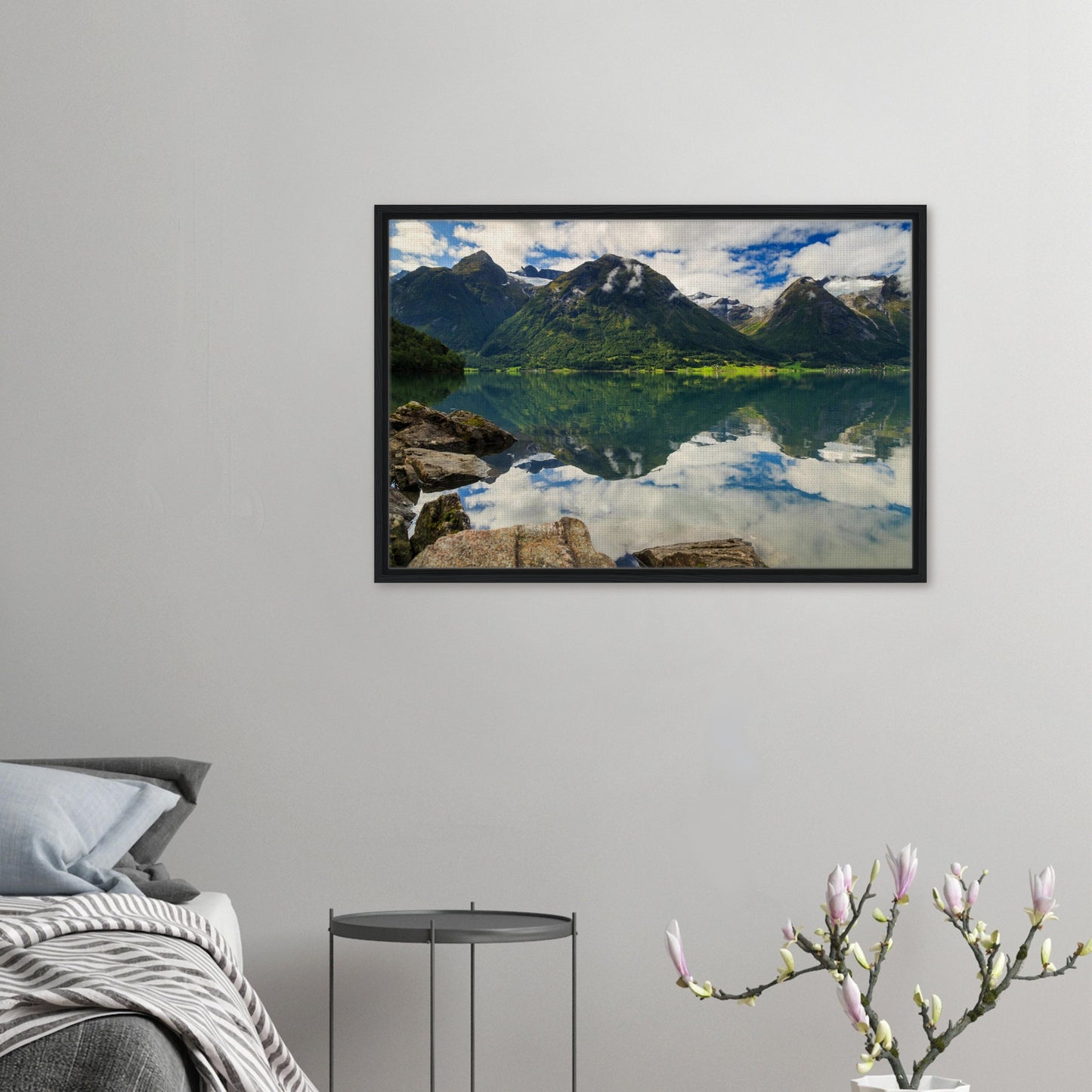 Framed canvas of Strynevatnet Lake with perfect sky reflection