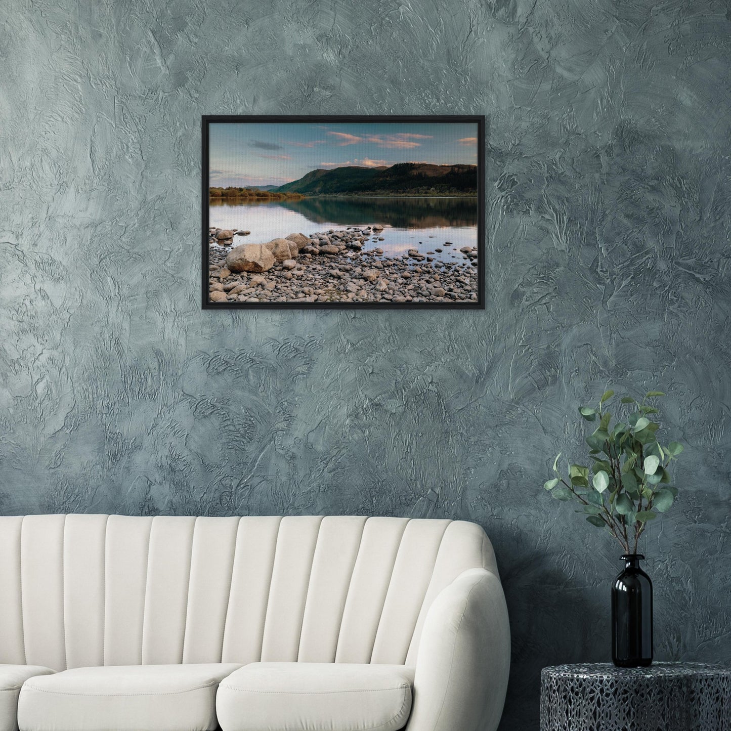 Cumbria landscape print with tranquil lakeside stones
