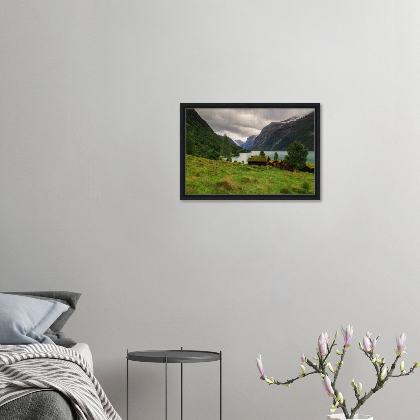 Serene lake and cabins in Norwegian valley wall art