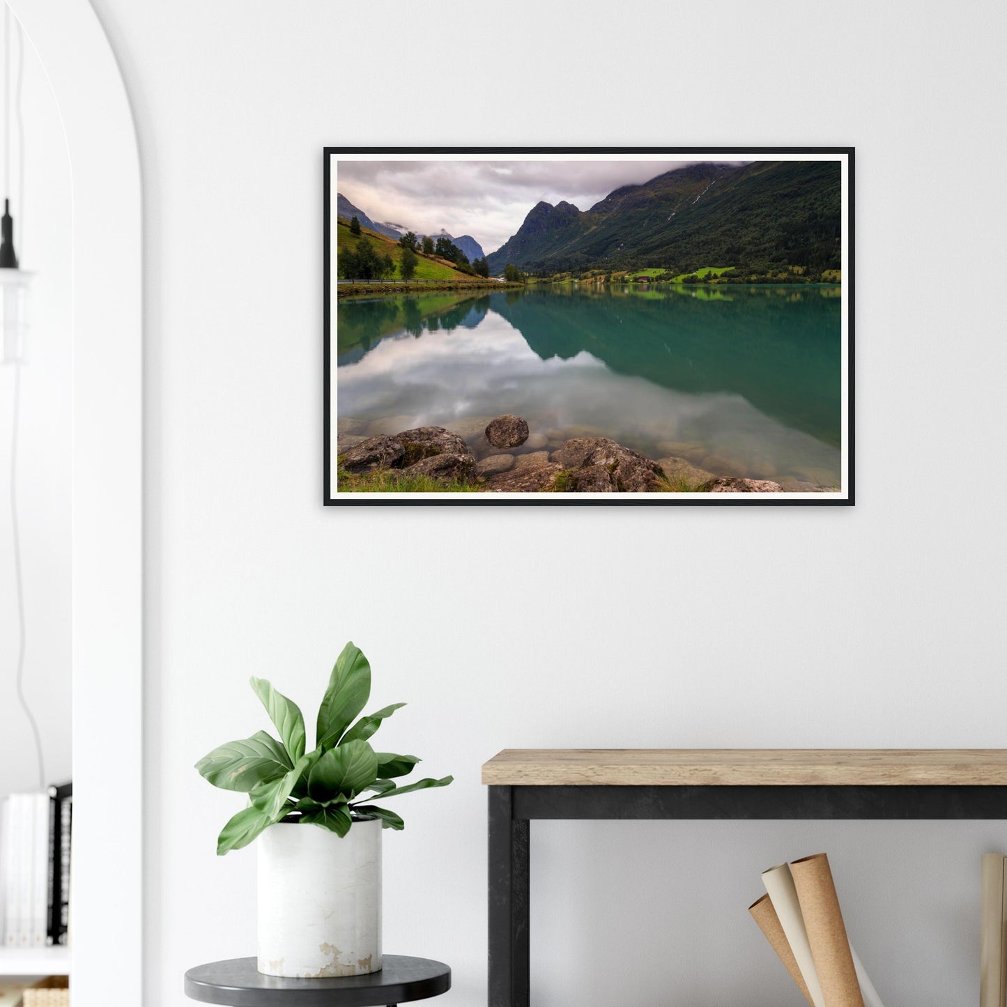 Pebbled lakeshore and mountains at Lake Floen framed art