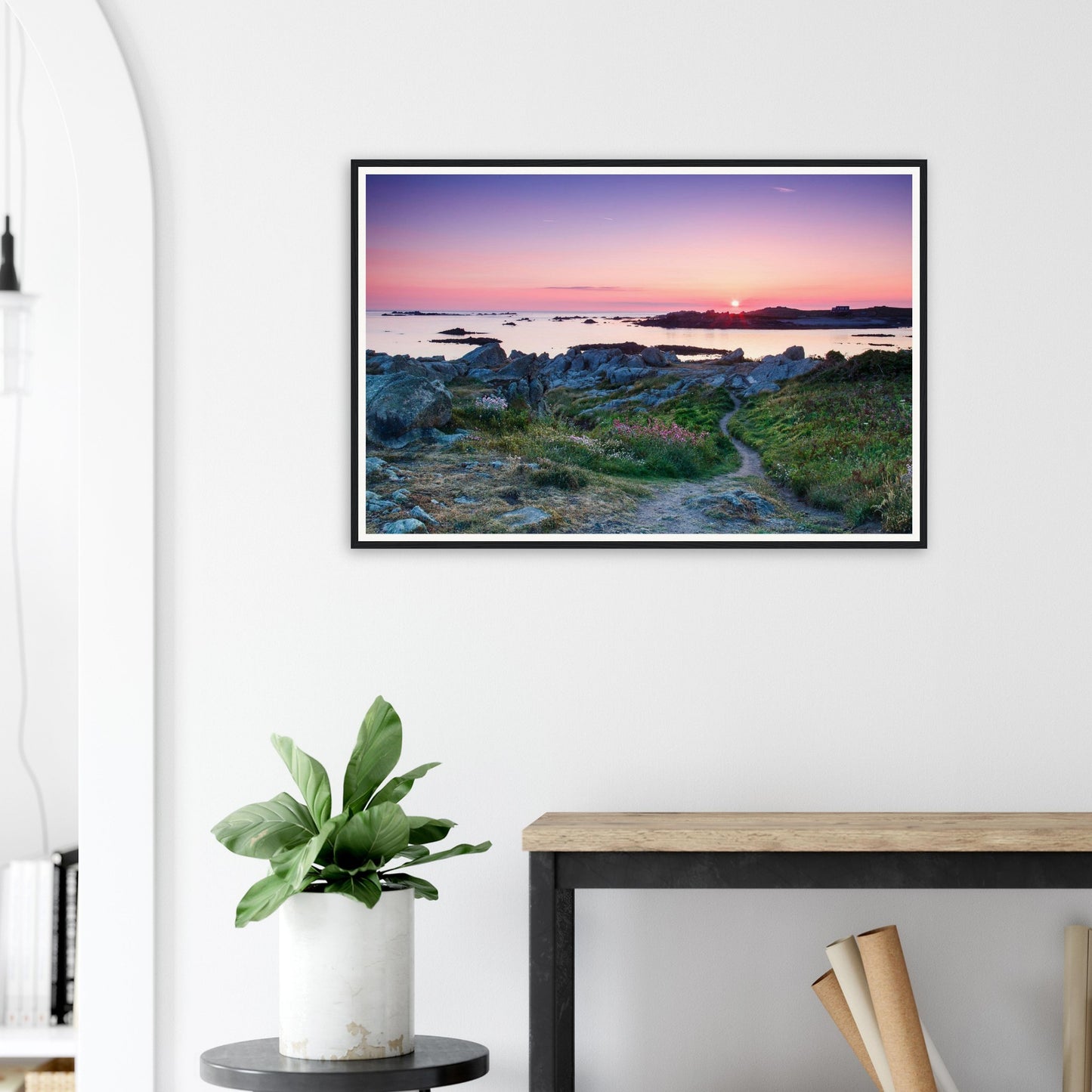 Framed landscape print of Lihou Island with warm Guernsey sunset