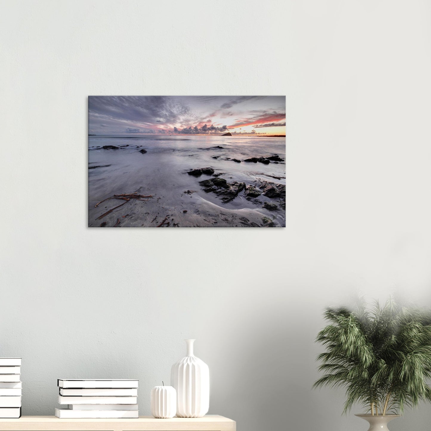 Devon coastline canvas print showing Wembury Beach at golden hour with pink-purple skies, a calm sea, and Mewstone’s dark silhouette.