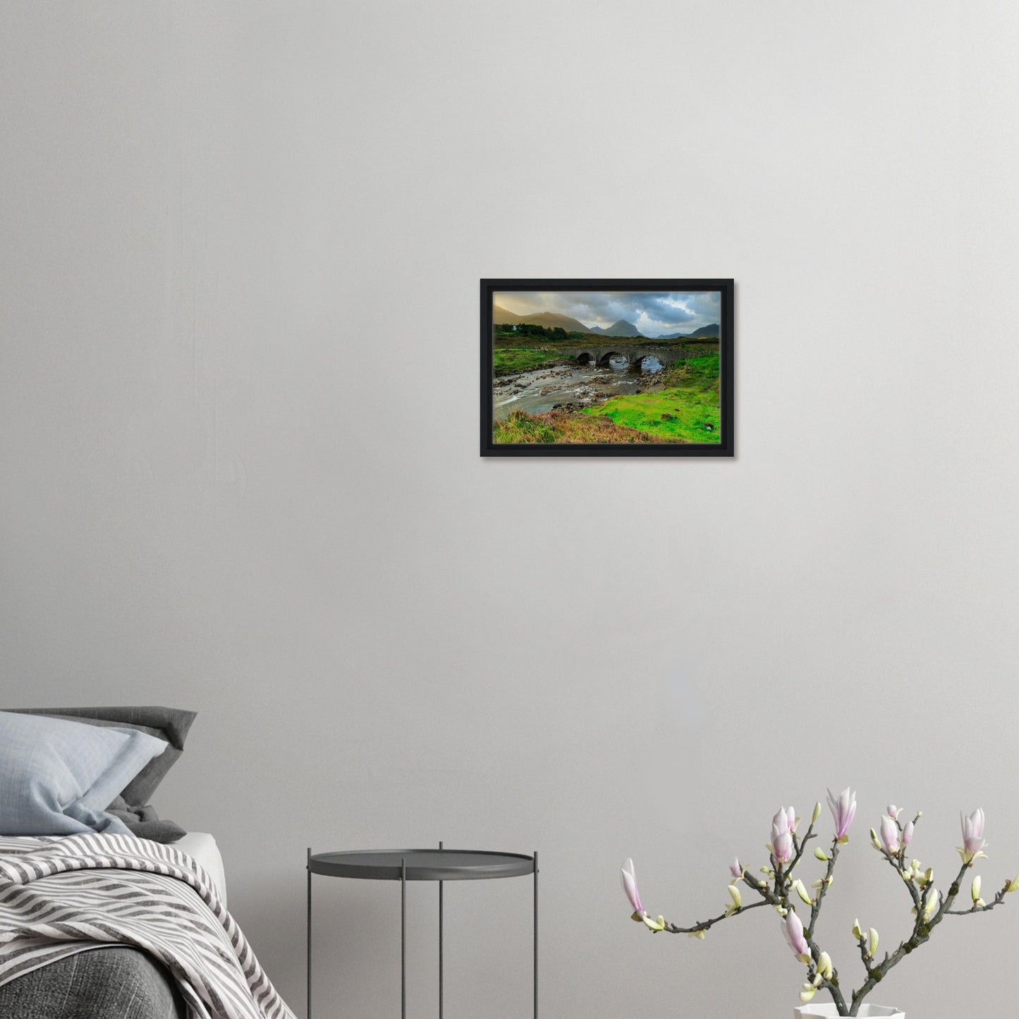 Scenic Highland print featuring bridge, river, and Cuillin hills