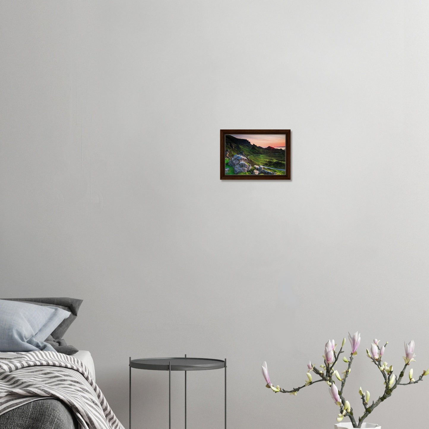 Pink and orange skies above rugged Quiraing landscape in print