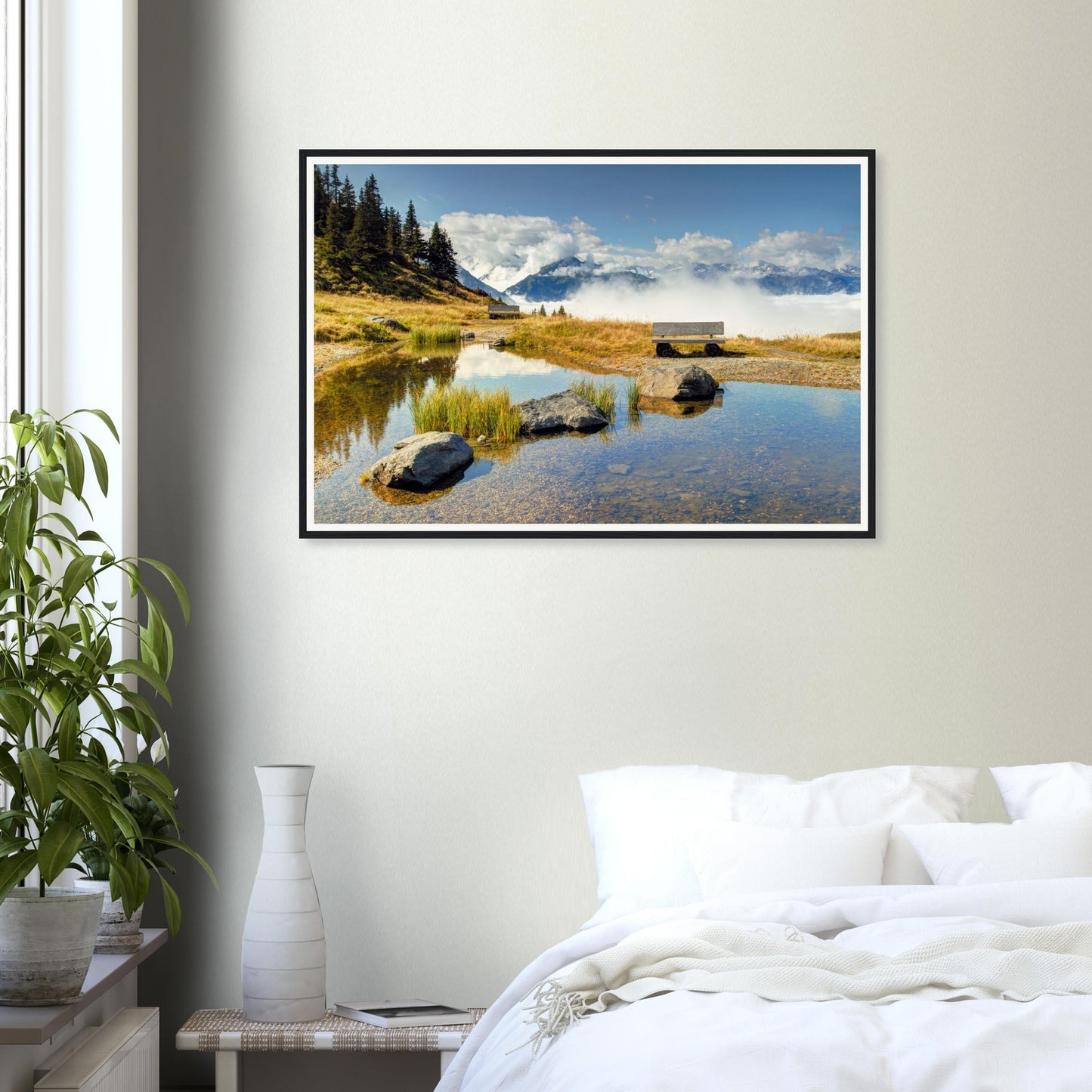Peaceful alpine framed print of Panoramabahn with clouds and peaks