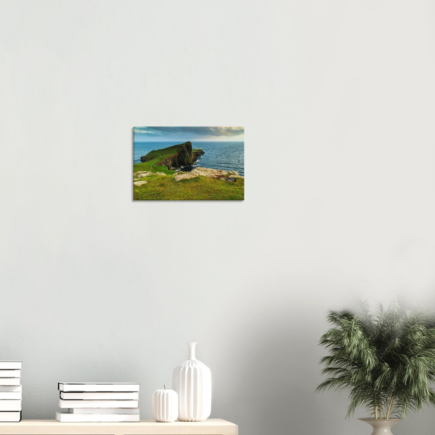 Striking view of Neist Point lighthouse perched on rugged cliffs above the Atlantic Ocean.