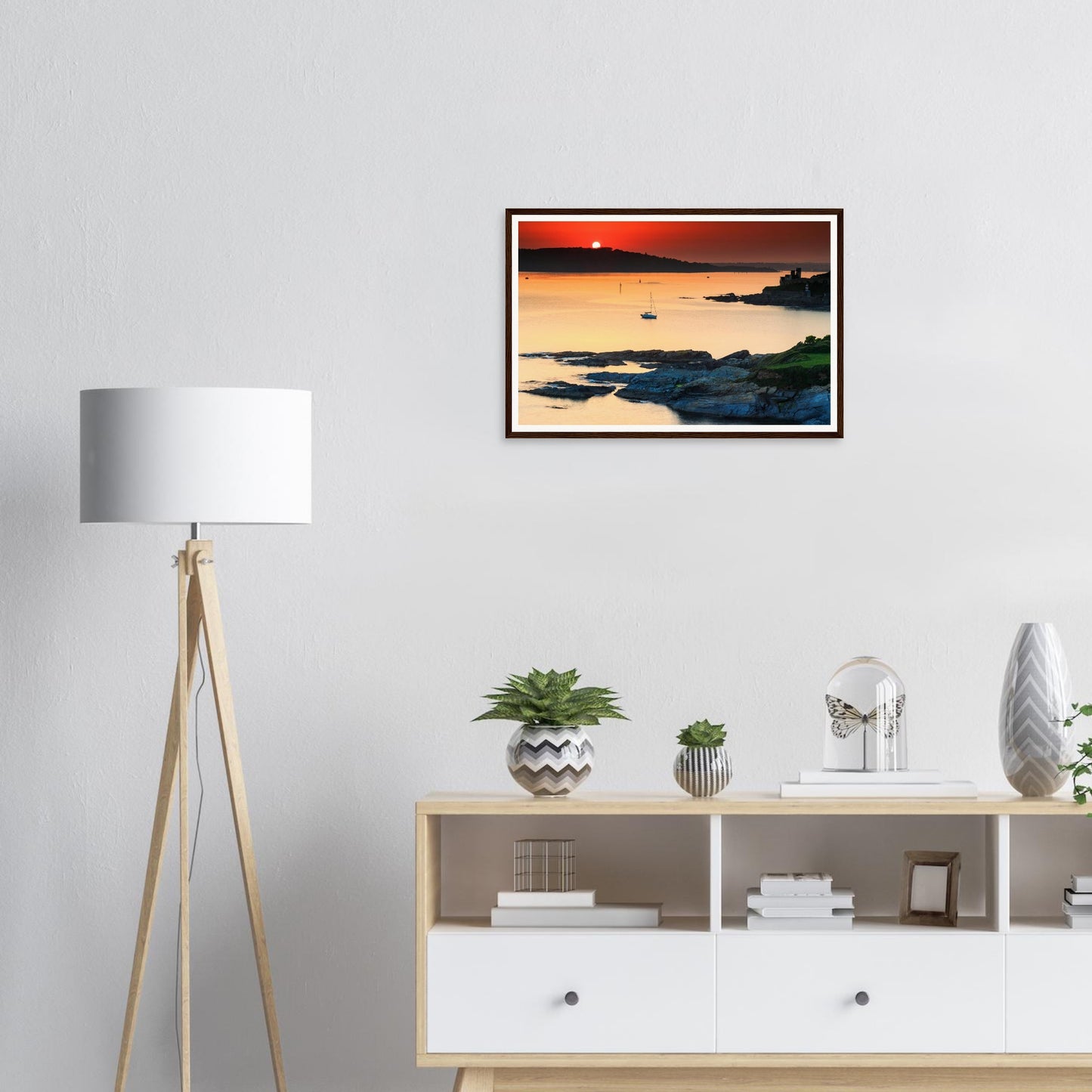 Rugged shoreline at Plymouth Sound framed print in evening light