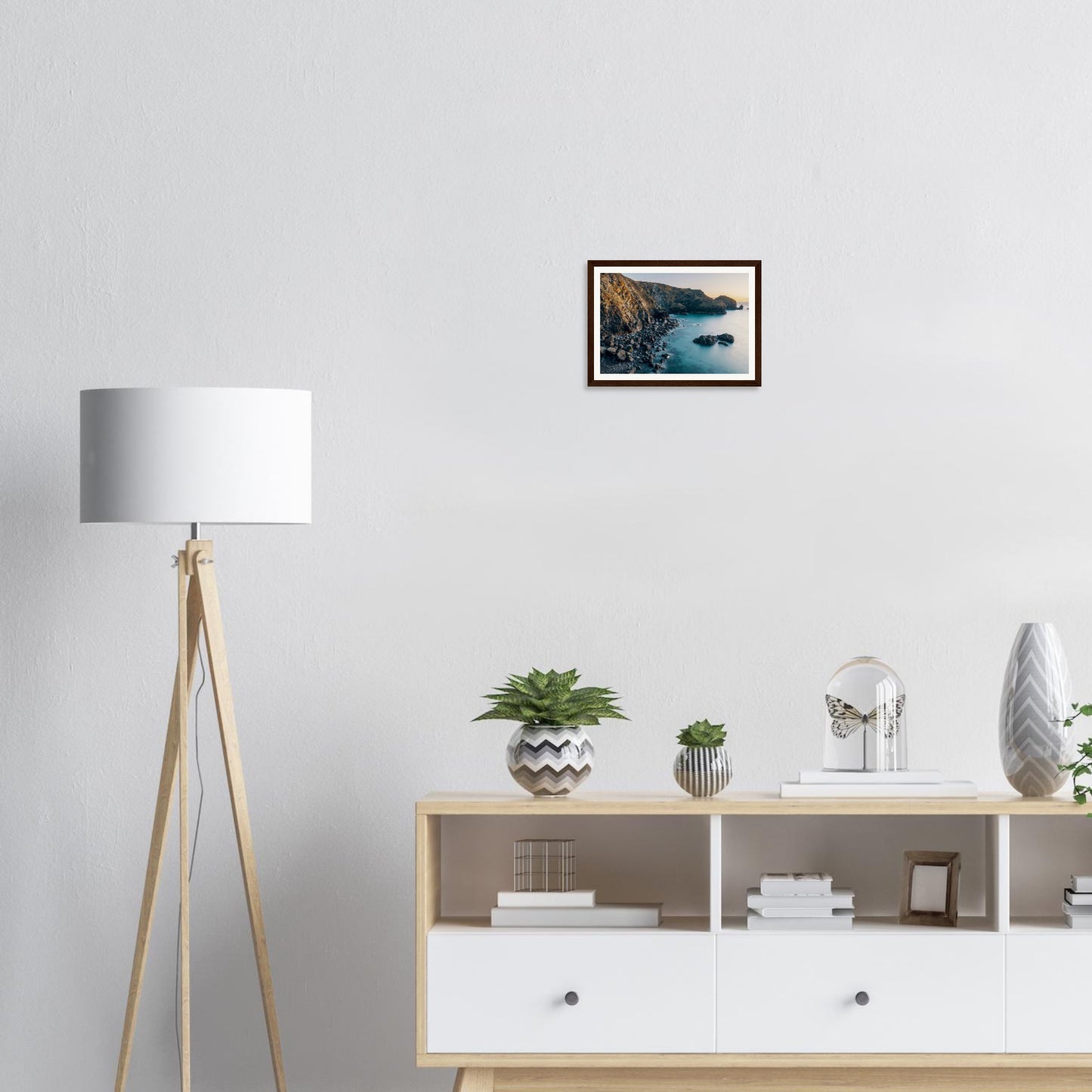 Sunset reflection over Mullion Cove waters framed wall art