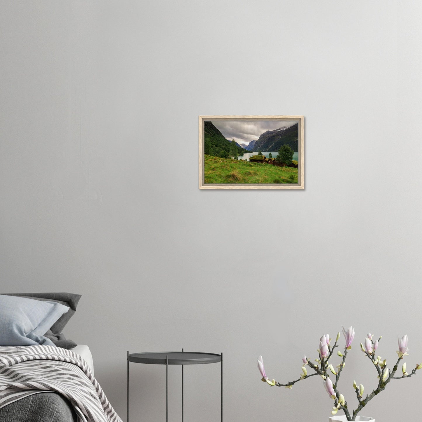 Scenic Lodalen framed wall art with mountains and cabins