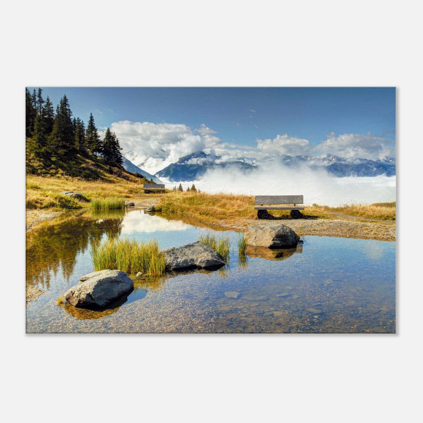 Reflective landscape canvas of the Panoramabahn in Austria with a peaceful bench, mirrored pond, and alpine clouds in soft motion.