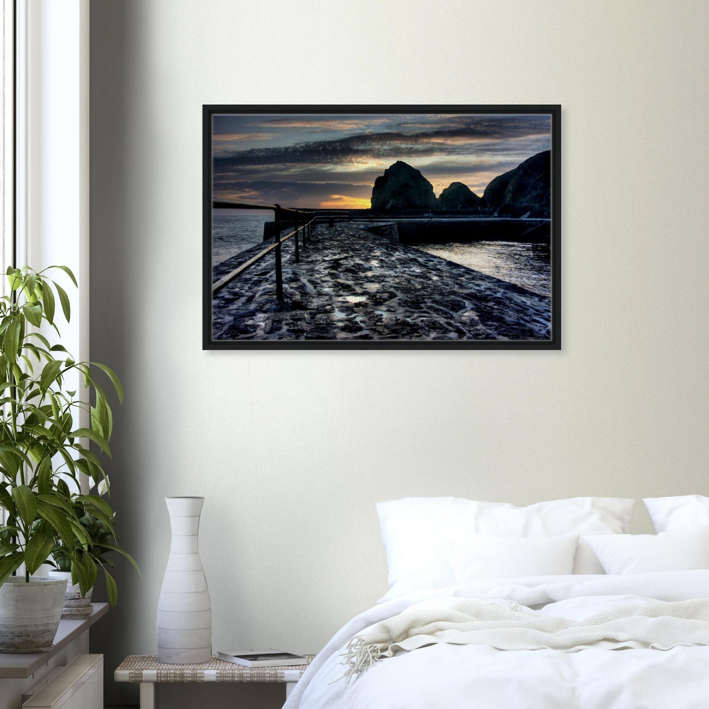 Seaside wall art of Mullion Cove slipway and fading sun