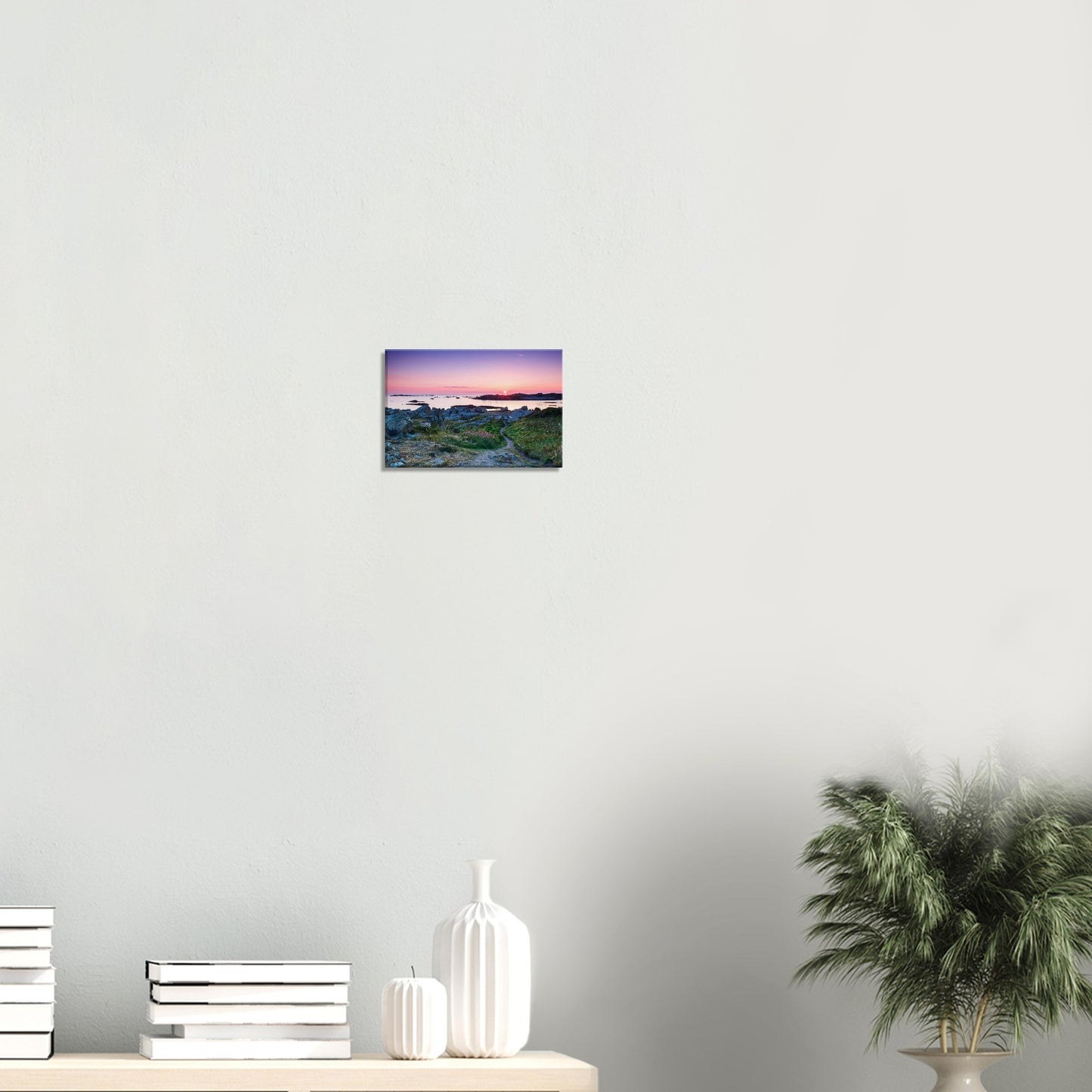 Serene canvas artwork capturing sunset over Lihou Island with tide pools, soft floral foreground, and glowing skies.