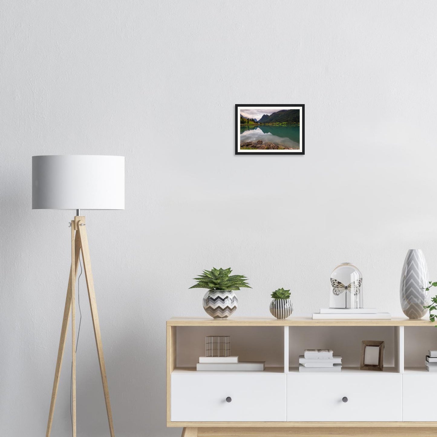 Serene waters of Lake Floen mirroring sky framed print