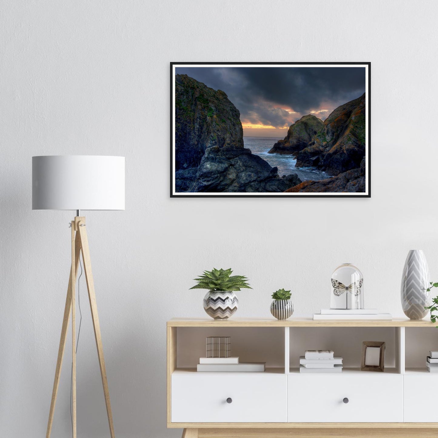 Framed print of Mullion Cove in Cornwall at sunset