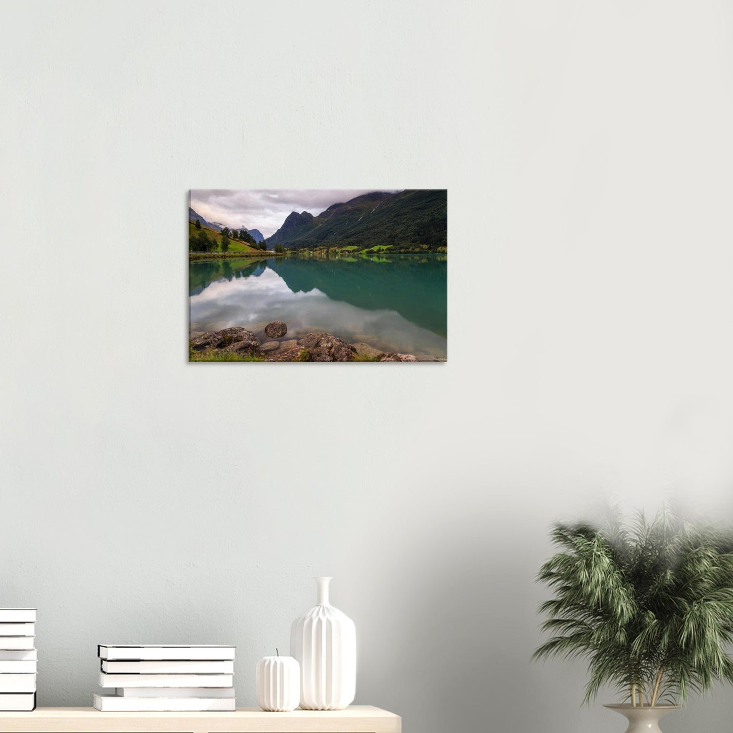 Scenic Norwegian wilderness captured in a canvas print, highlighting Lake Floen’s clear water and rocky shoreline.