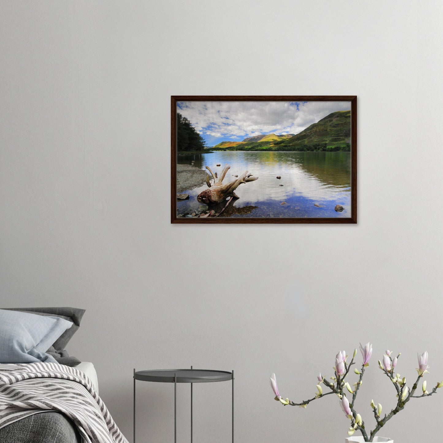 Buttermere framed canvas with sky, clouds, and sculpted driftwood