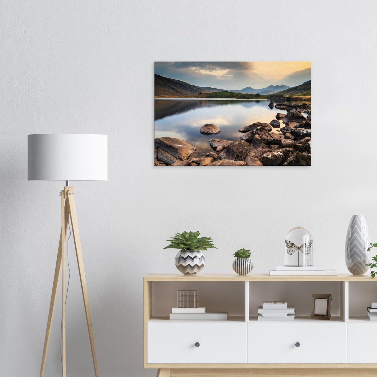 Canvas print depicting the calm of dusk with glowing sky and reflective waters in Snowdonia