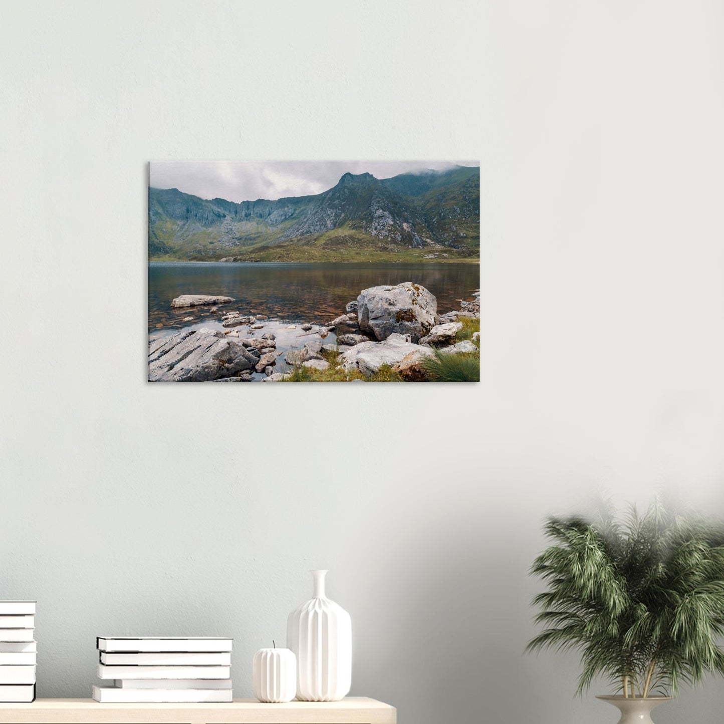 Reflective lake and mountain scene at Llyn Idwal wall art