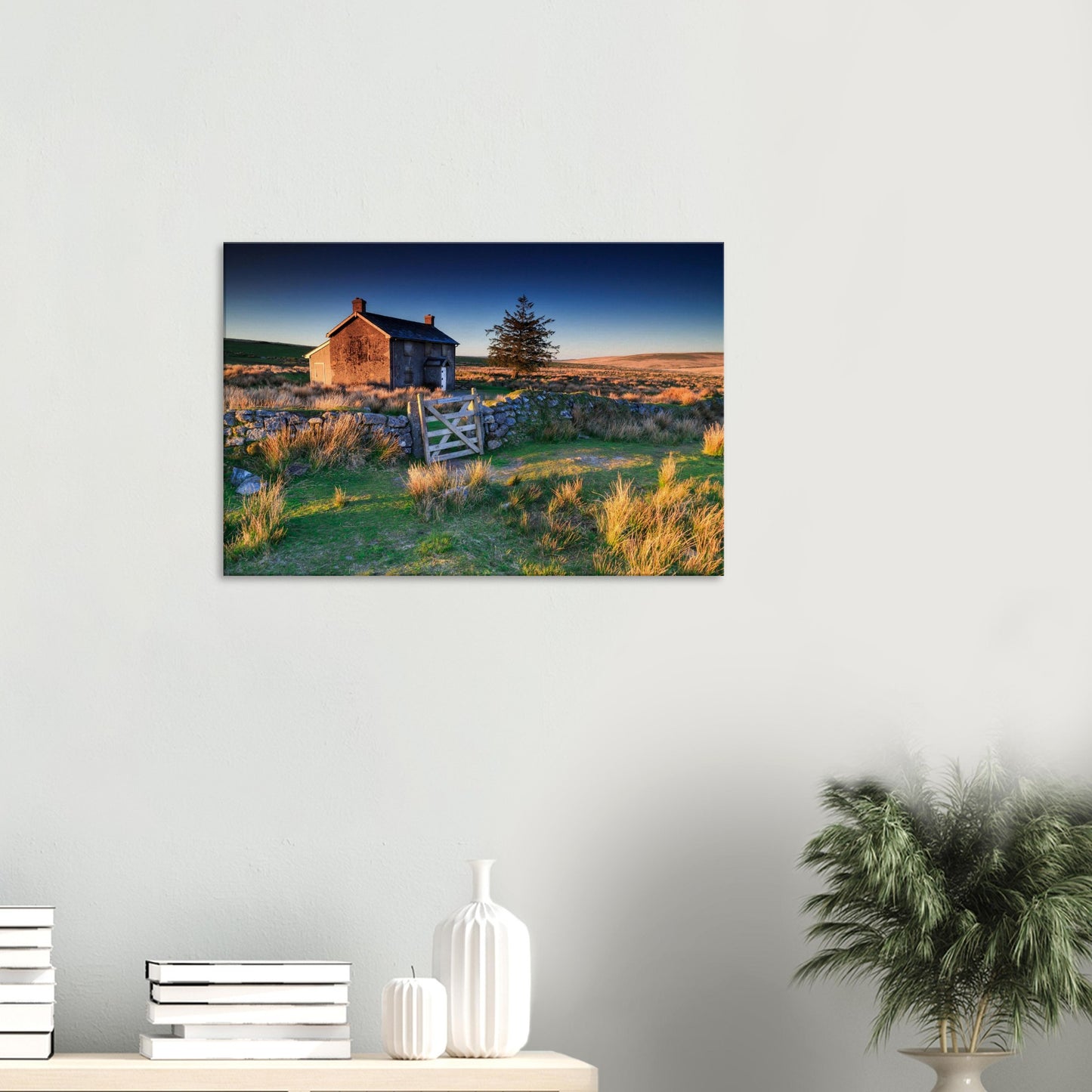 Historic farm on Dartmoor moor under sunrise skies, printed on canvas.