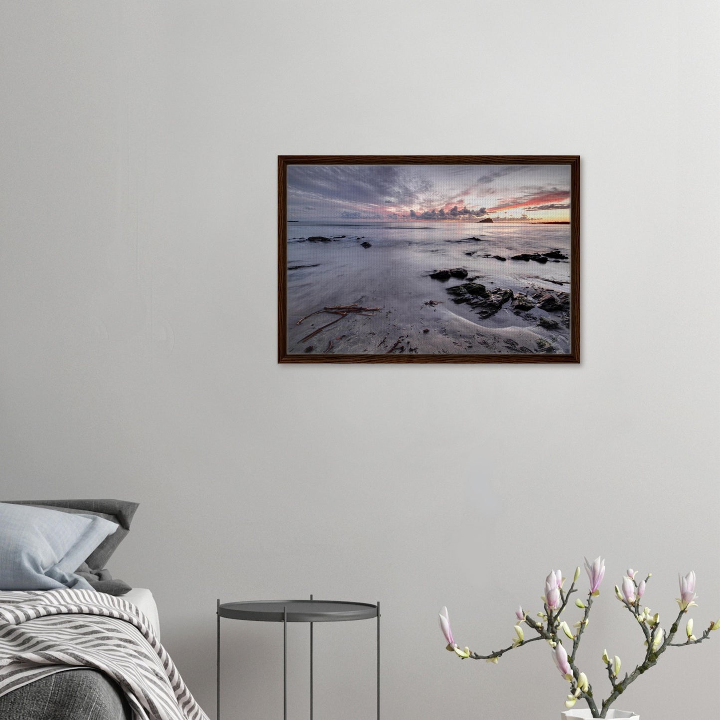 Devon beach sunset scene with pastel sky in framed print