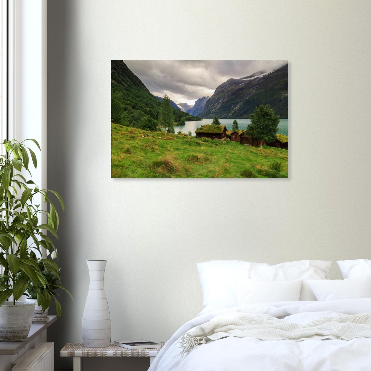 Scenic Norwegian landscape of Lodalen Valley on canvas, blending pastoral life with dramatic natural surroundings.