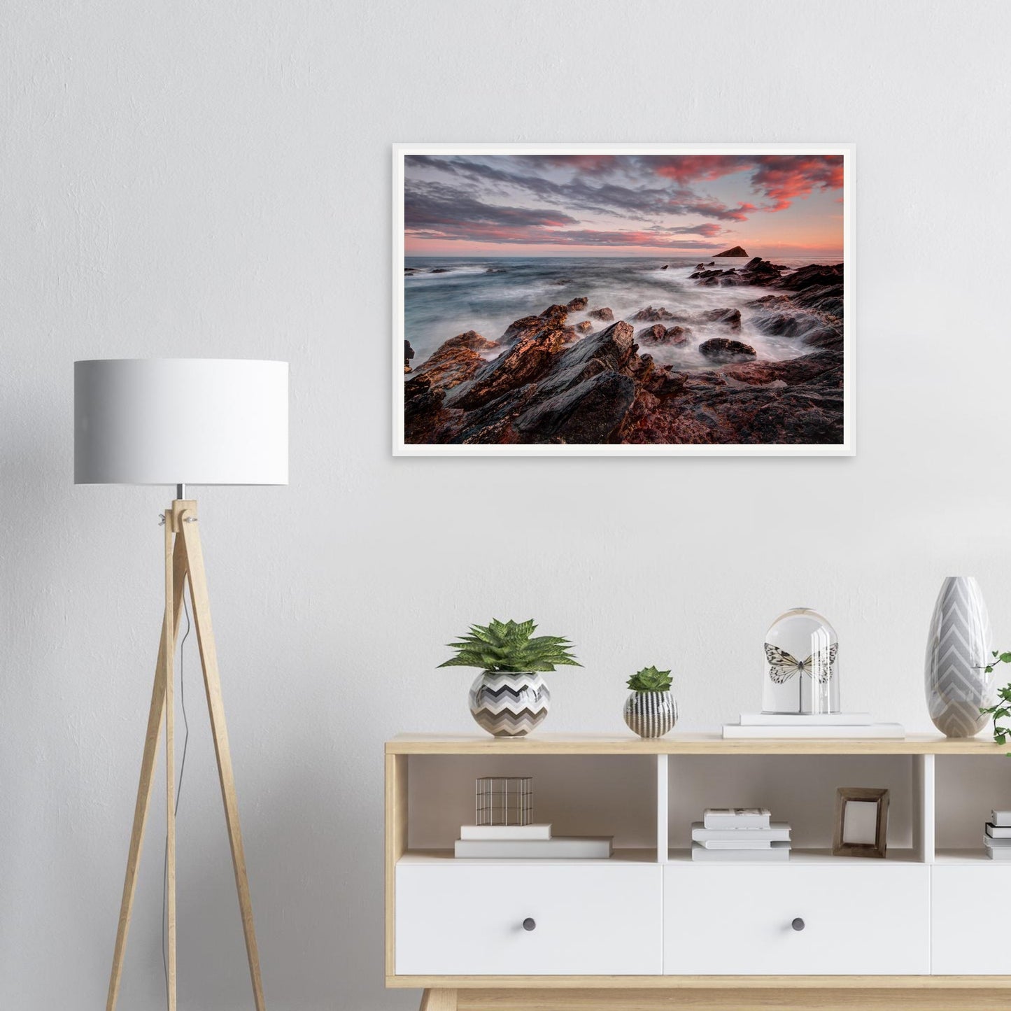Seascape framed print of Wembury Beach in Devon at twilight