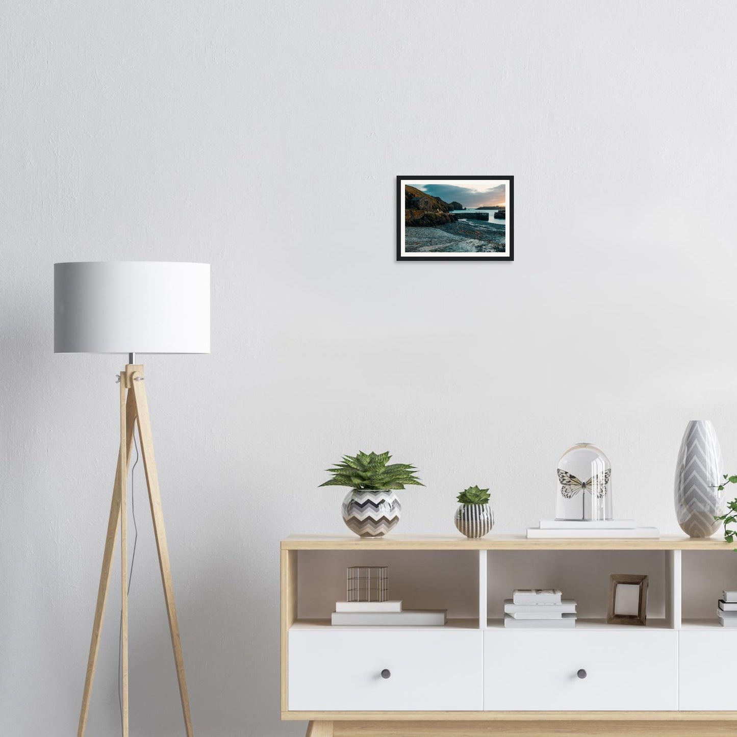 Atmospheric framed wall art of Mullion Cove in muted twilight