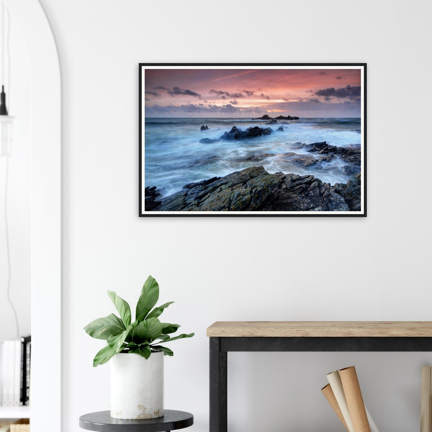 Framed seascape print of Heybrook Bay with fiery sunset sky