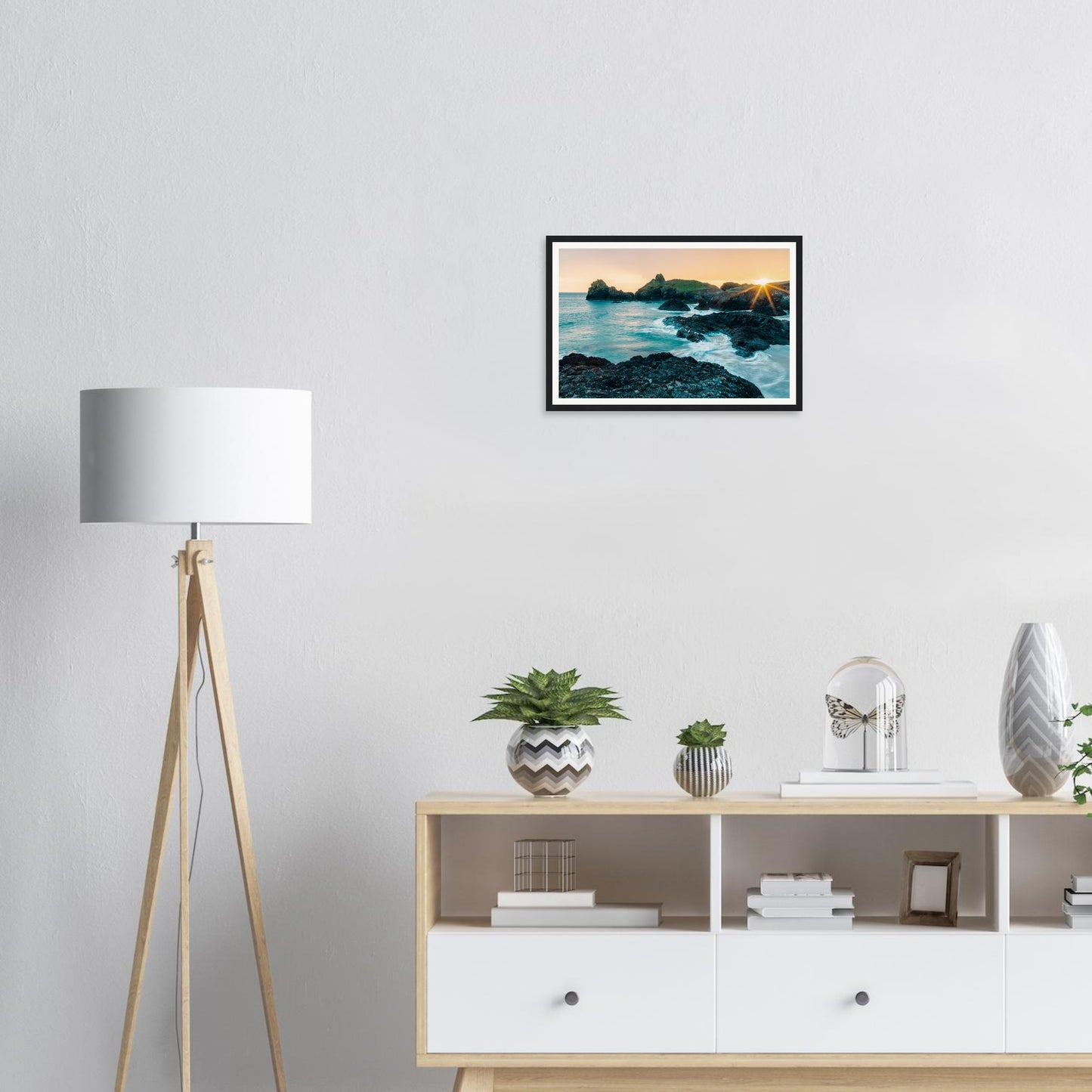 Atmospheric framed wall art of Kynance Cove at dusk