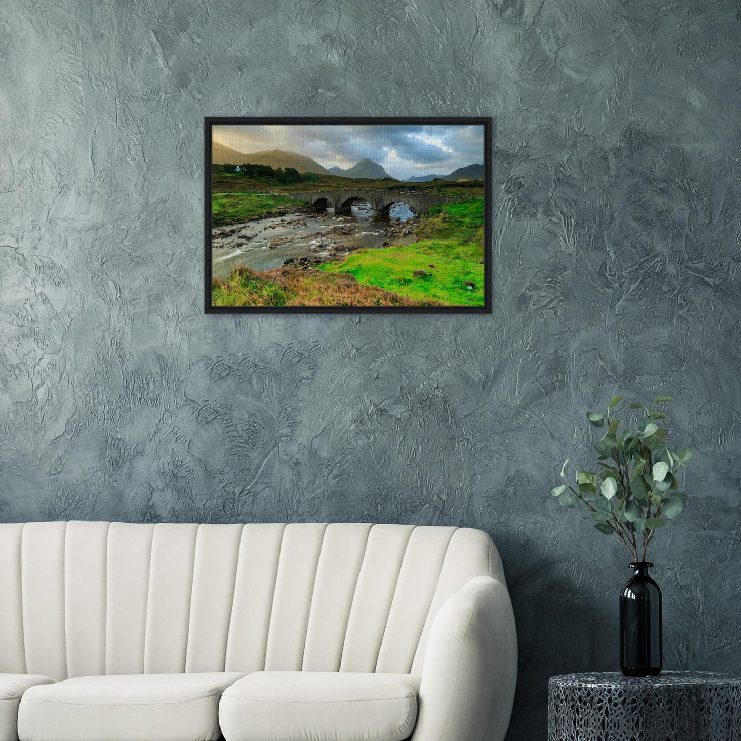 Framed canvas of Scottish moor, river, and Sligachan arches