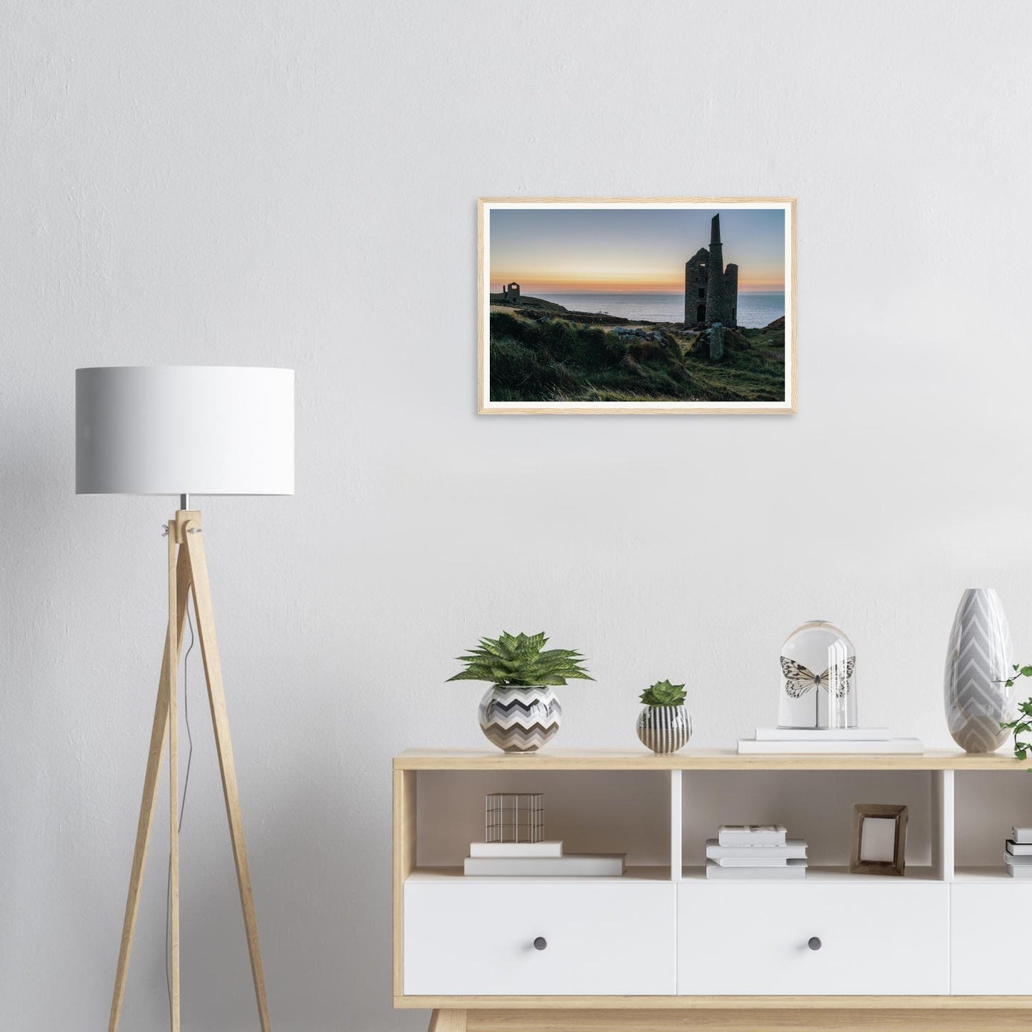 Atmospheric framed print of Wheal Owles silhouetted at sunset