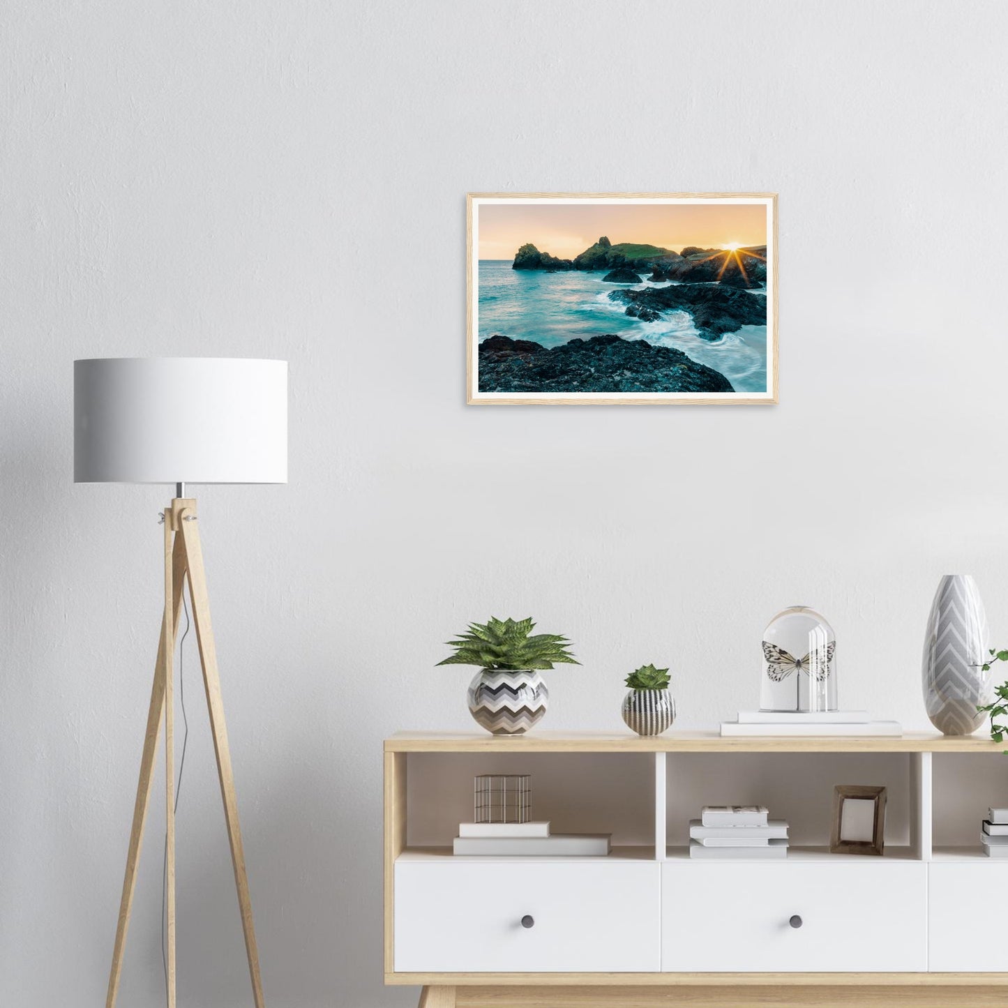 Ethereal seascape framed wall art of Kynance Cove in golden hour