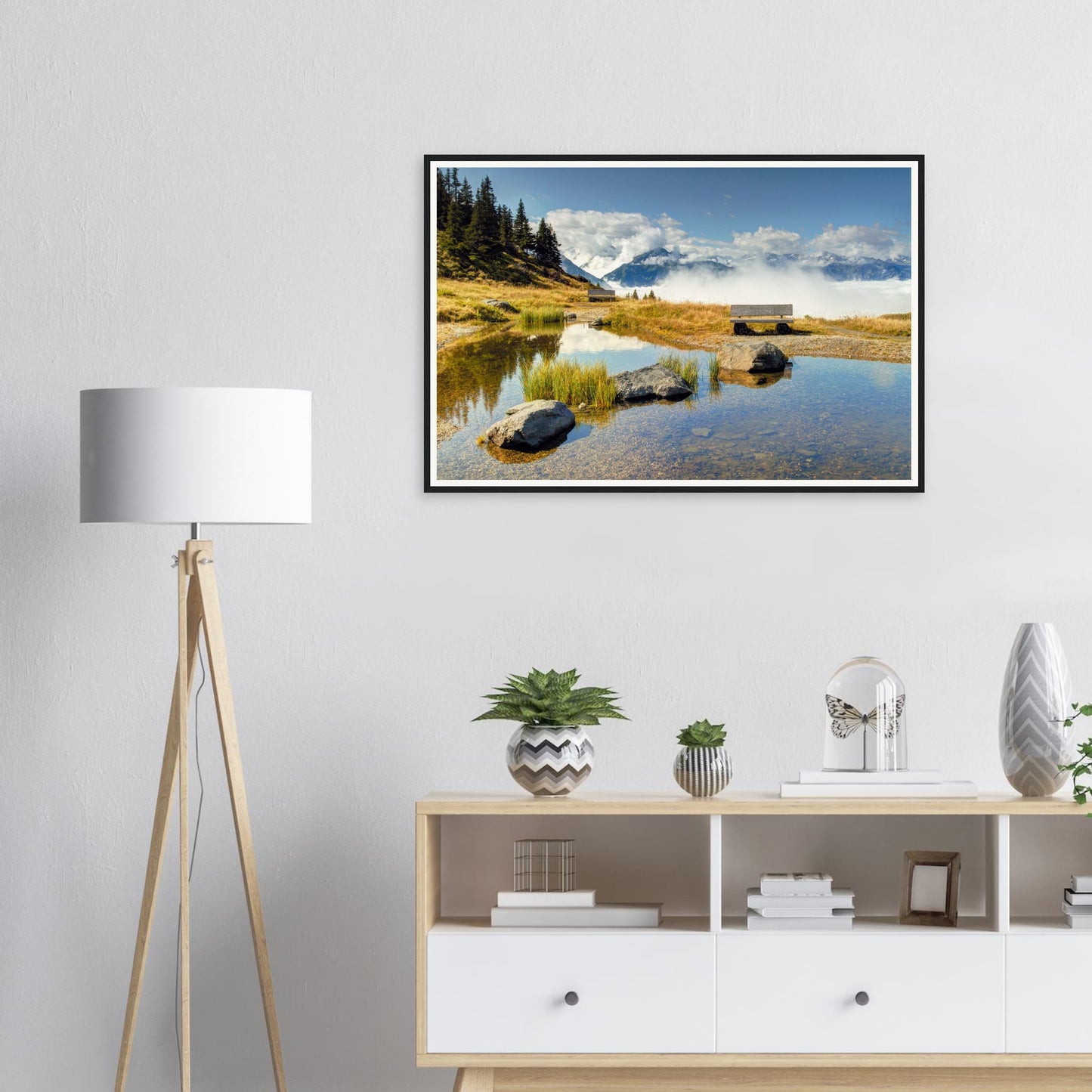 Framed print of Panoramabahn in Austria with pond and bench