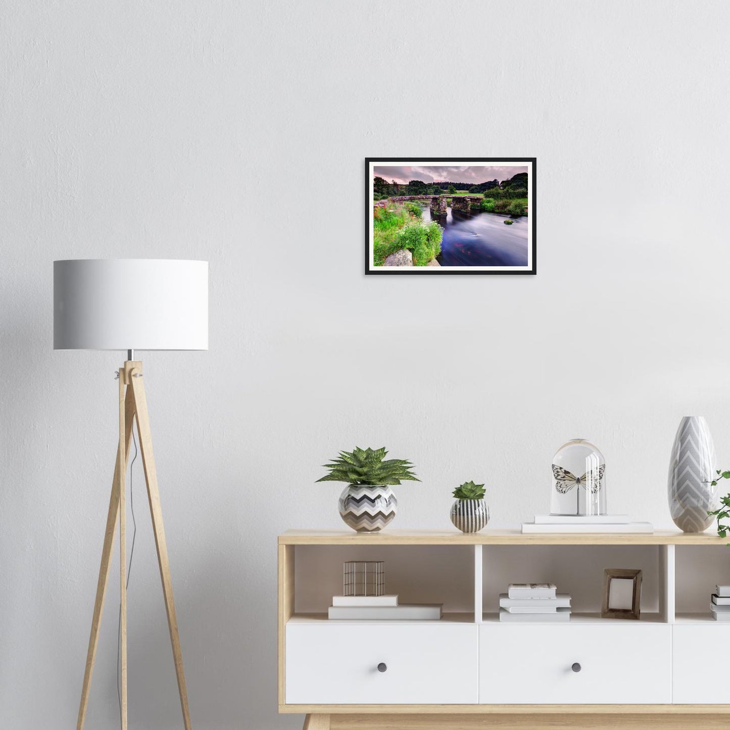 Scenic framed print of clapper bridge in Devon’s Dartmoor National Park