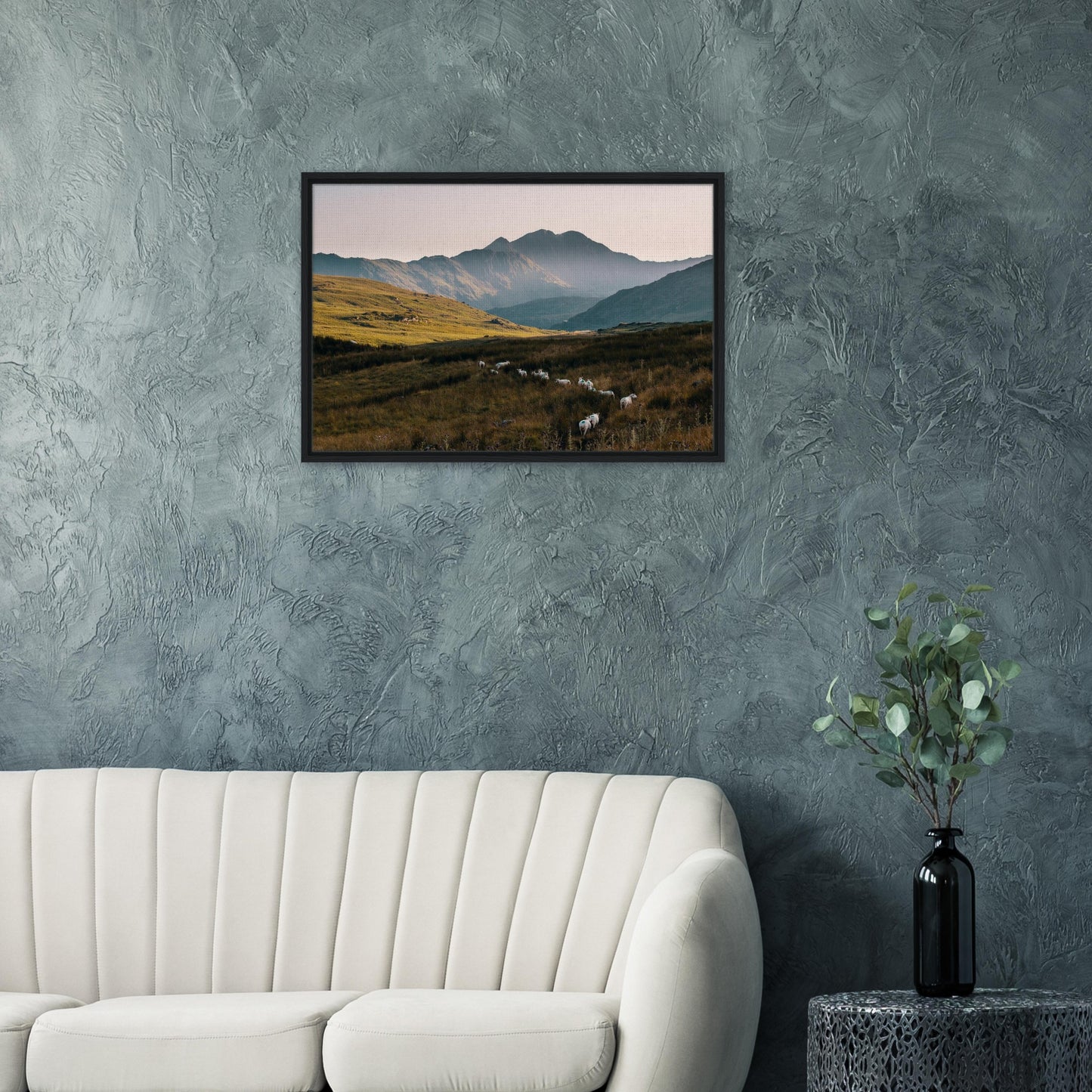 Framed rural Wales landscape with grazing flock